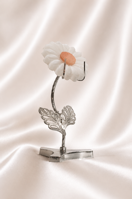 Selenite Flower w/ Pink Opal on Silver Stand #4 - Little Chipped From Top