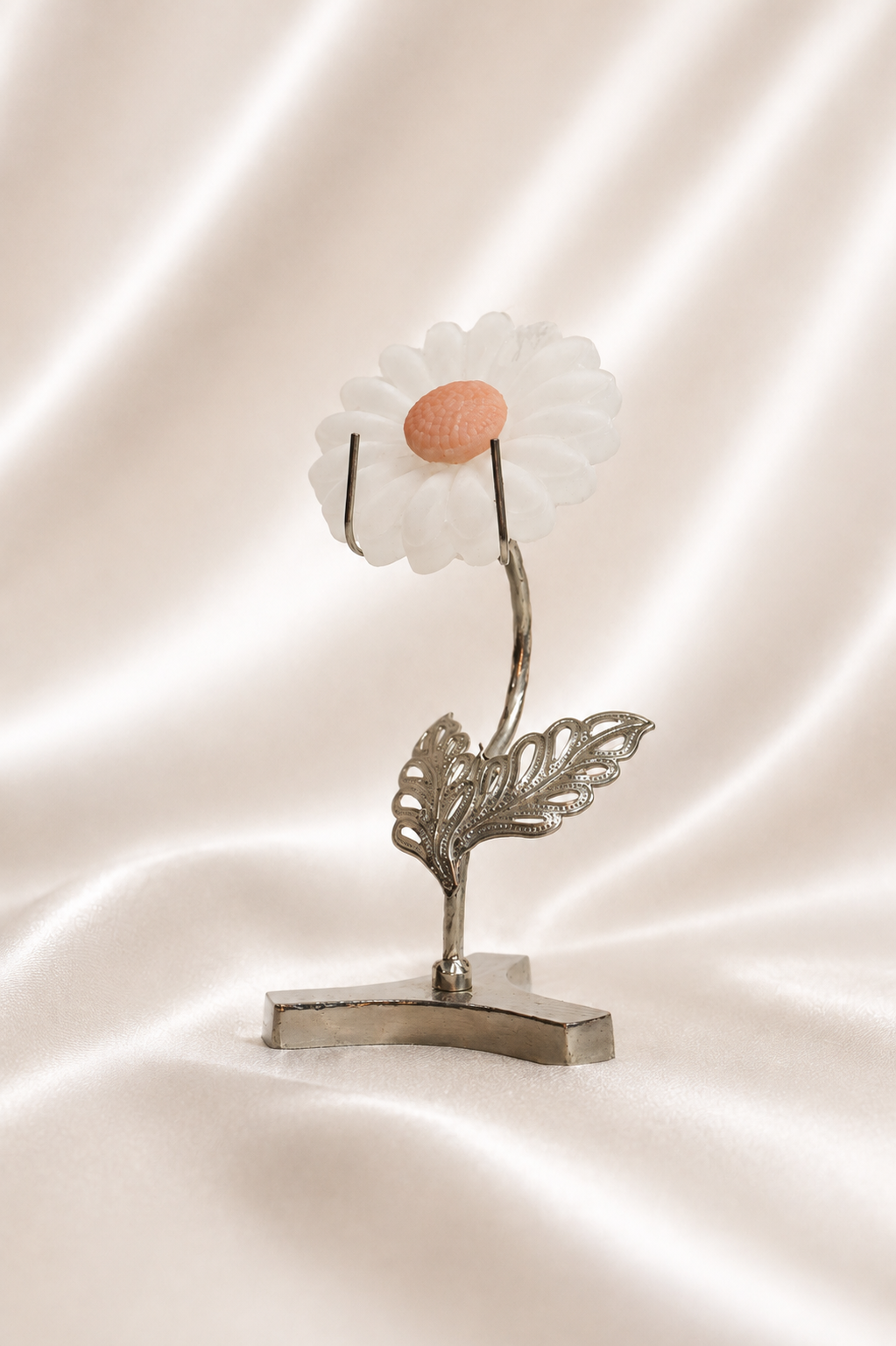 Selenite Flower w/ Pink Opal on Silver Stand #4 - Little Chipped From Top
