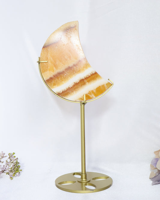 Orange Calcite Moon on Stand #1- Little Chipped from Side