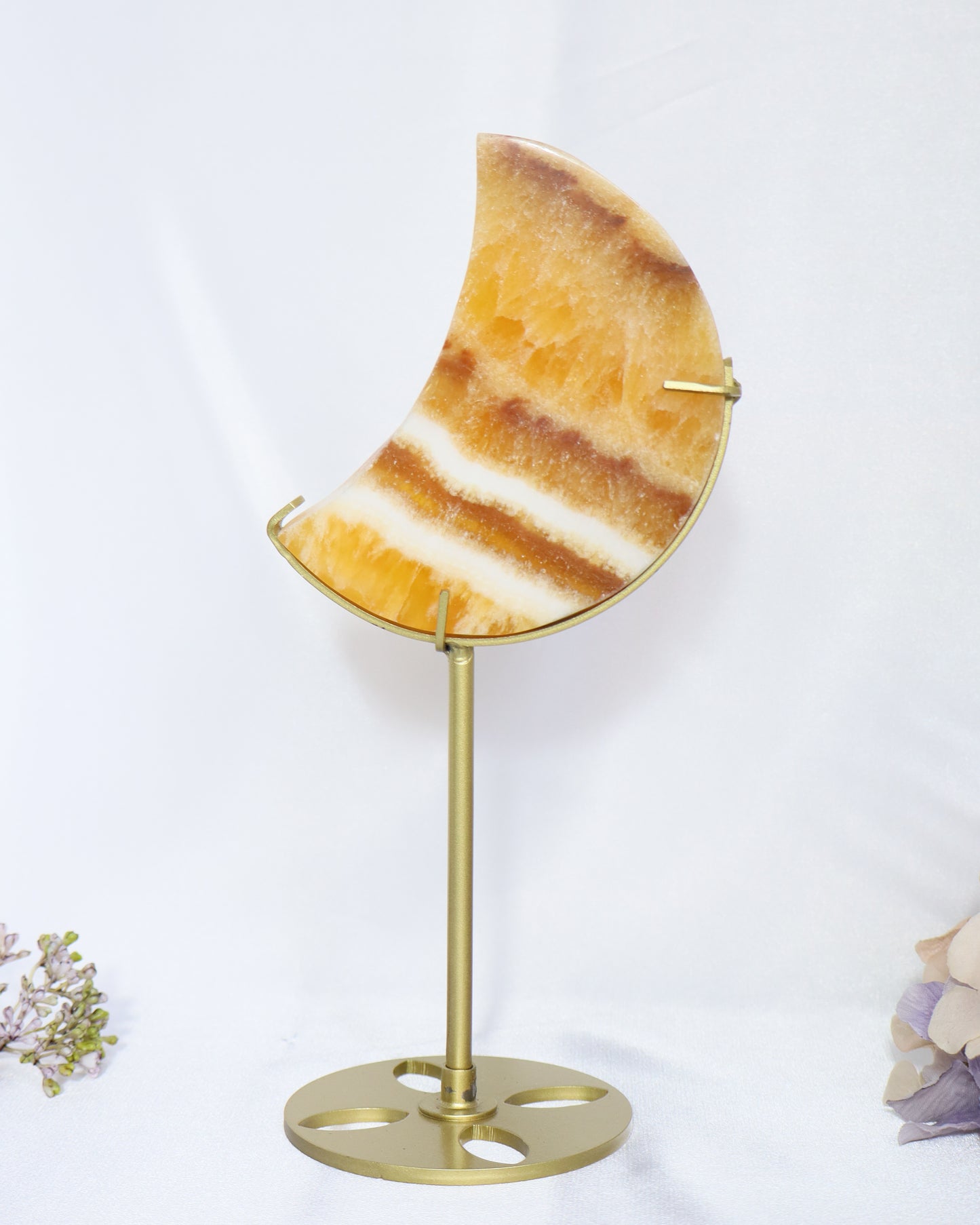 Orange Calcite Moon on Stand #1- Little Chipped from Side