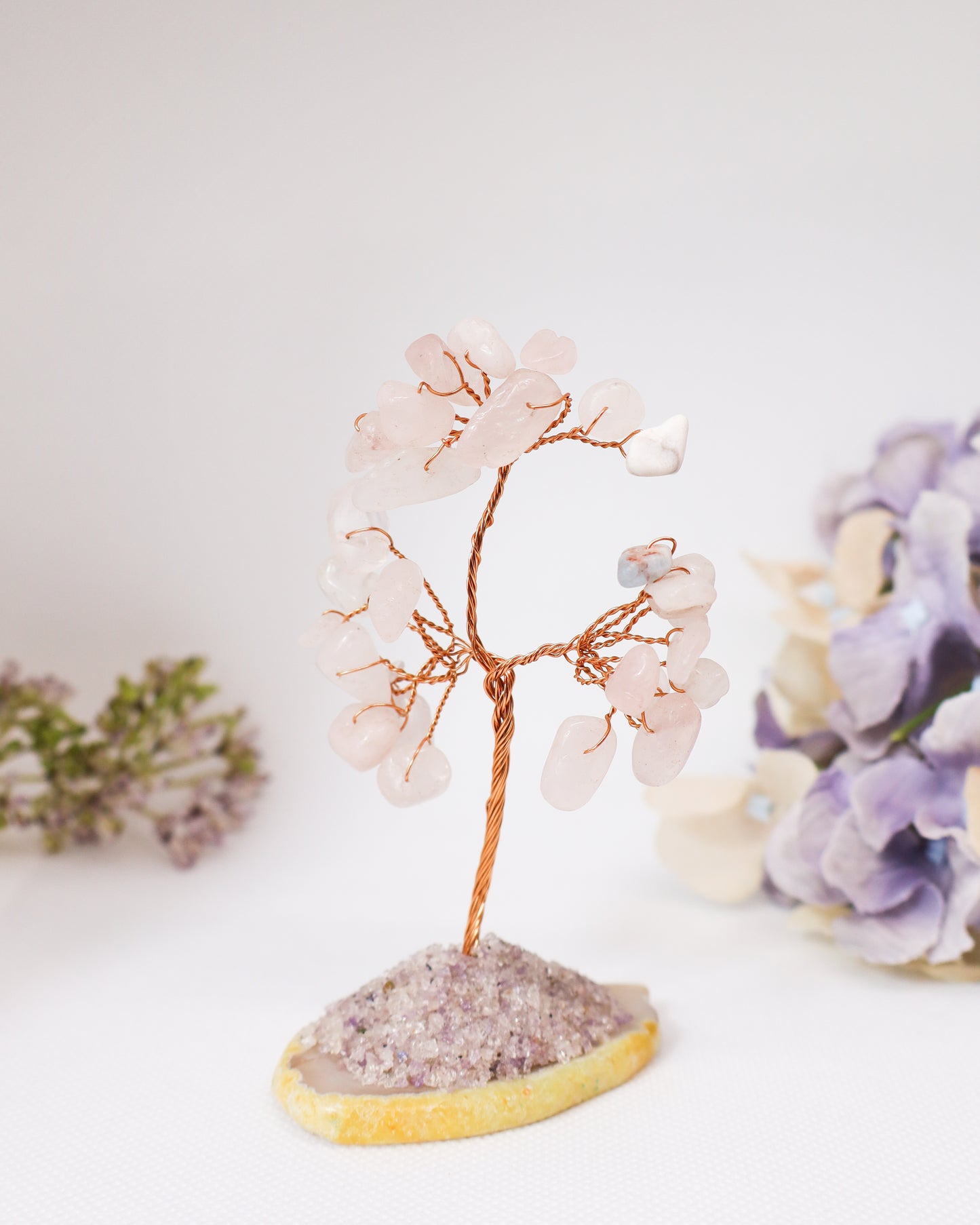 Rose Quartz Crystal Tree on Agate Slice