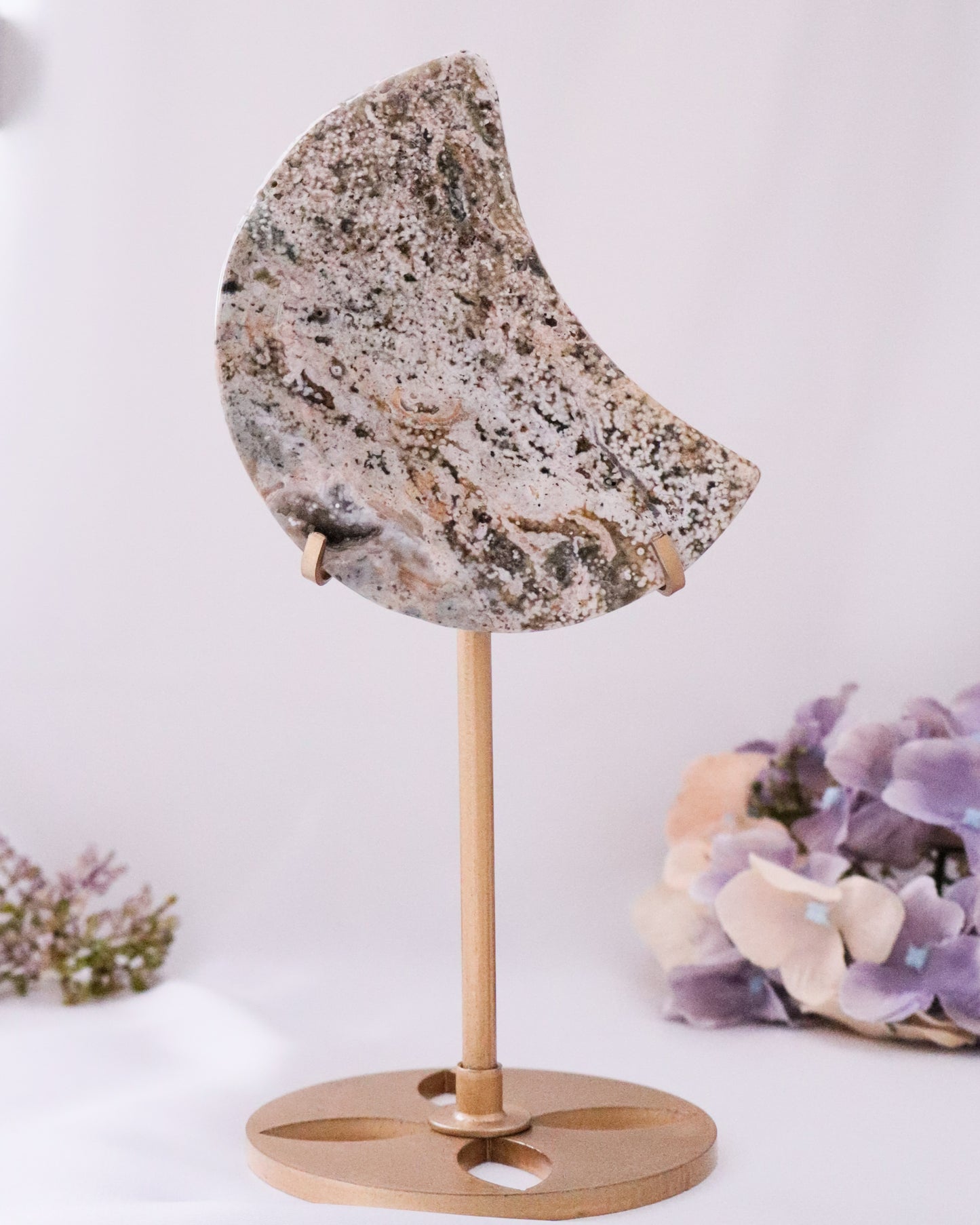Ocean Jasper Moon on Stand #1- Lower Edge is Broken- Piece Available