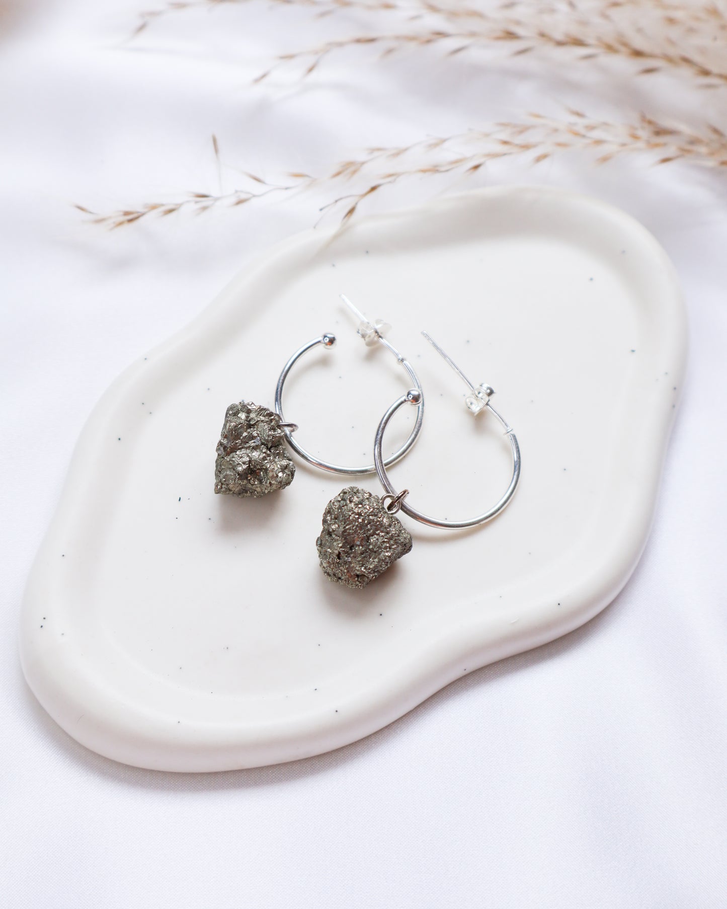 Raw Pyrite Hoop Earrings - Silver