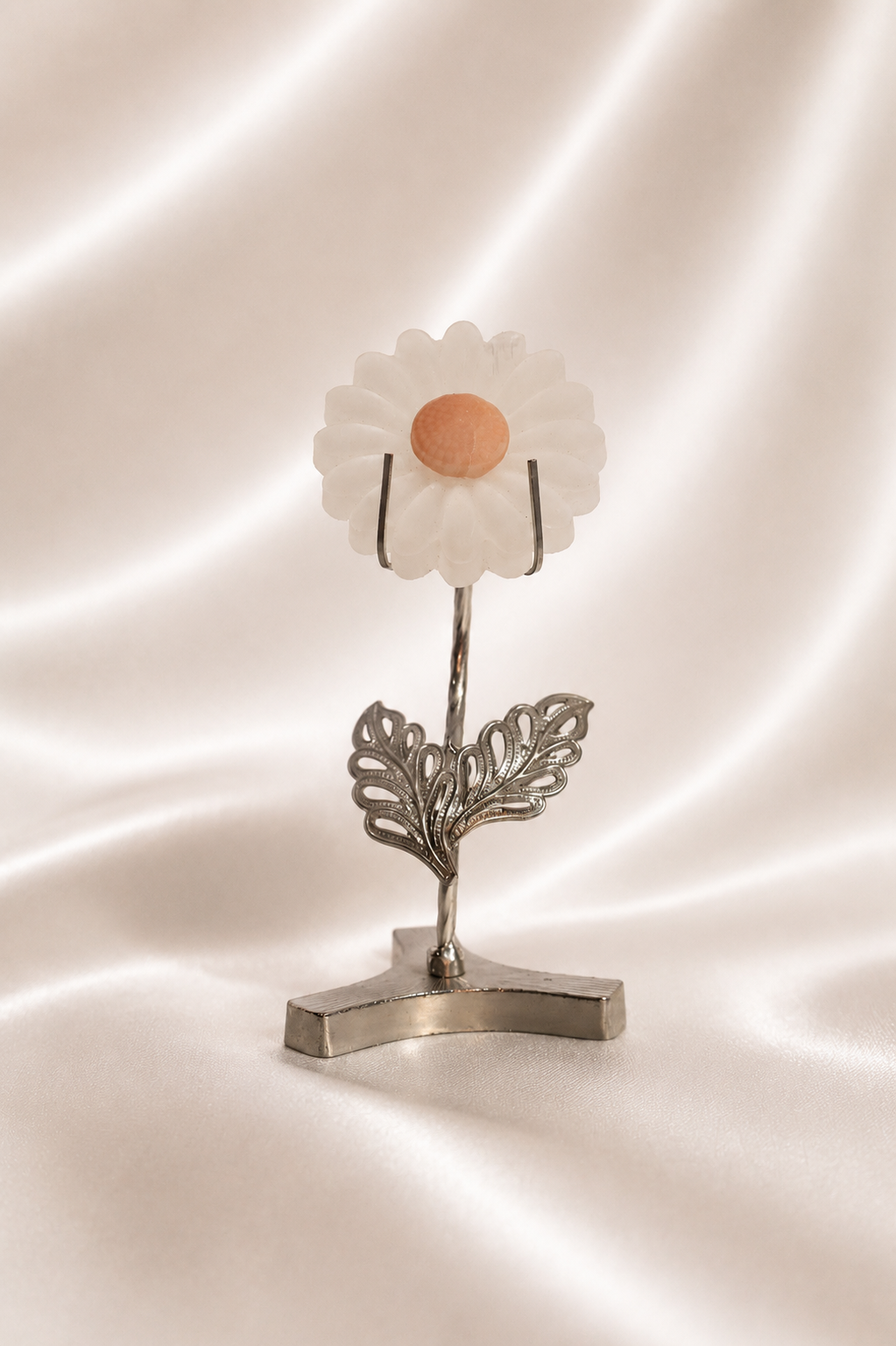Selenite Flower w/ Pink Opal on Silver Stand #4 - Little Chipped From Top