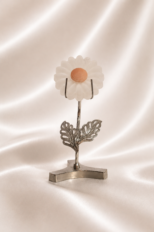 Selenite Flower w/ Pink Opal on Silver Stand #4 - Little Chipped From Top
