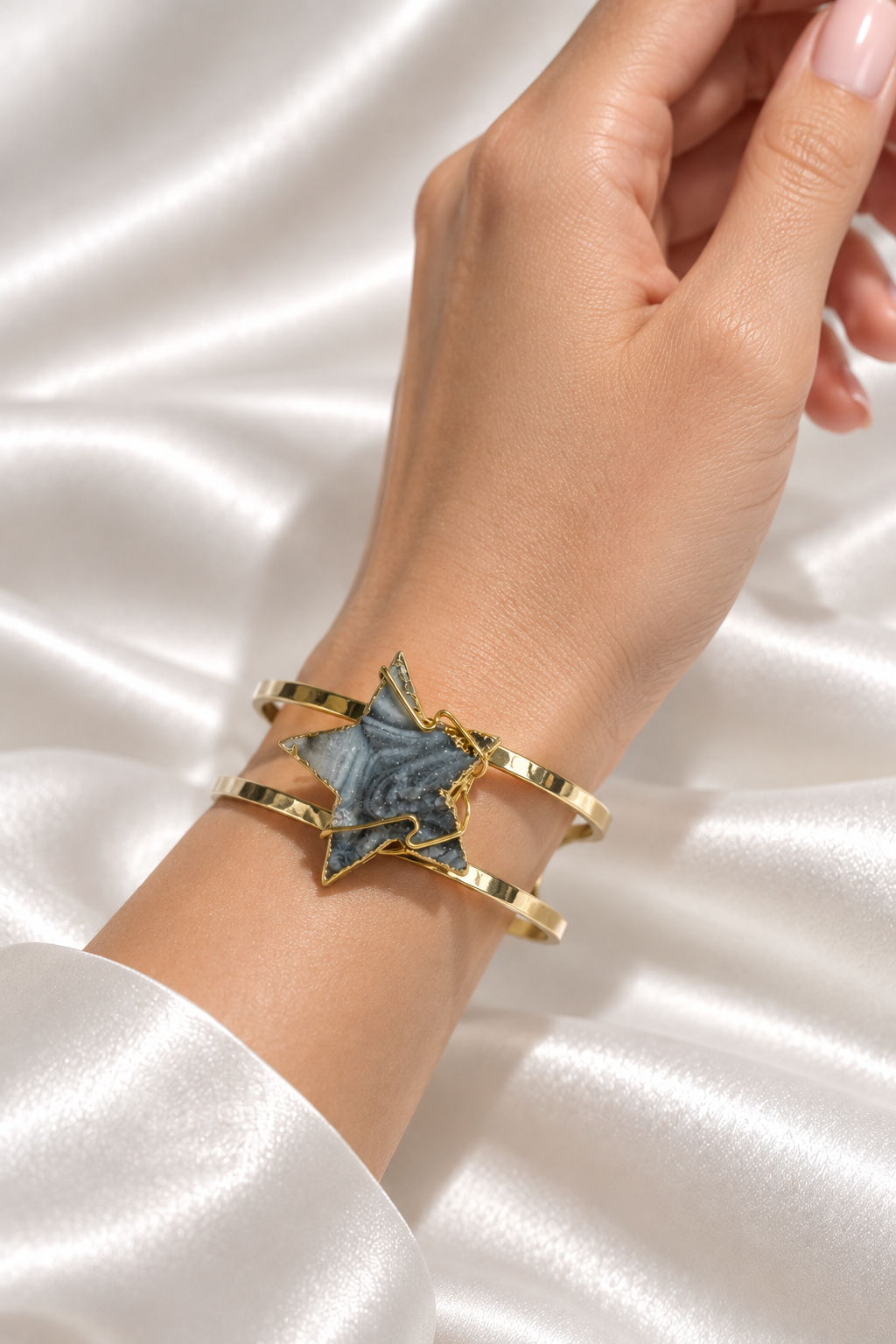Grey Chalcedony Agate Star Bangle Bracelet #2