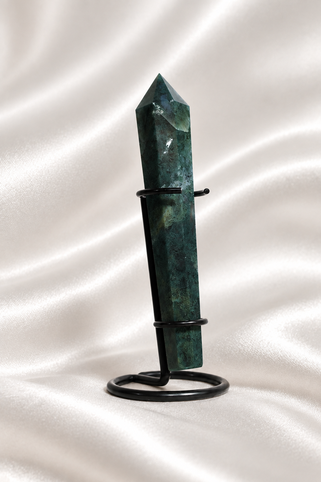 Moss Agate Wand with Stand #10
