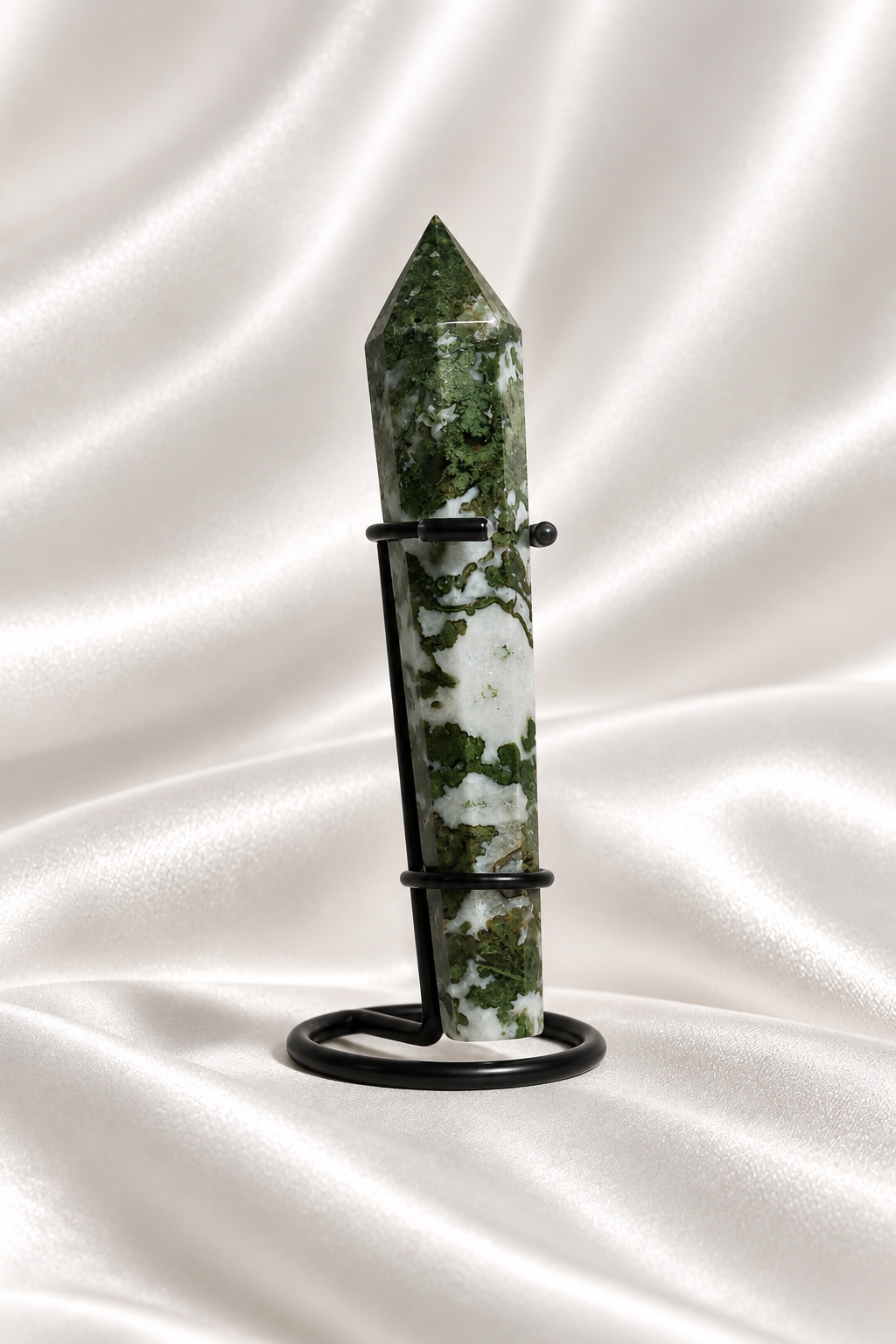 Moss Agate Wand with Stand #11