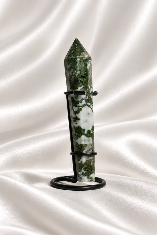 Moss Agate Wand with Stand #11