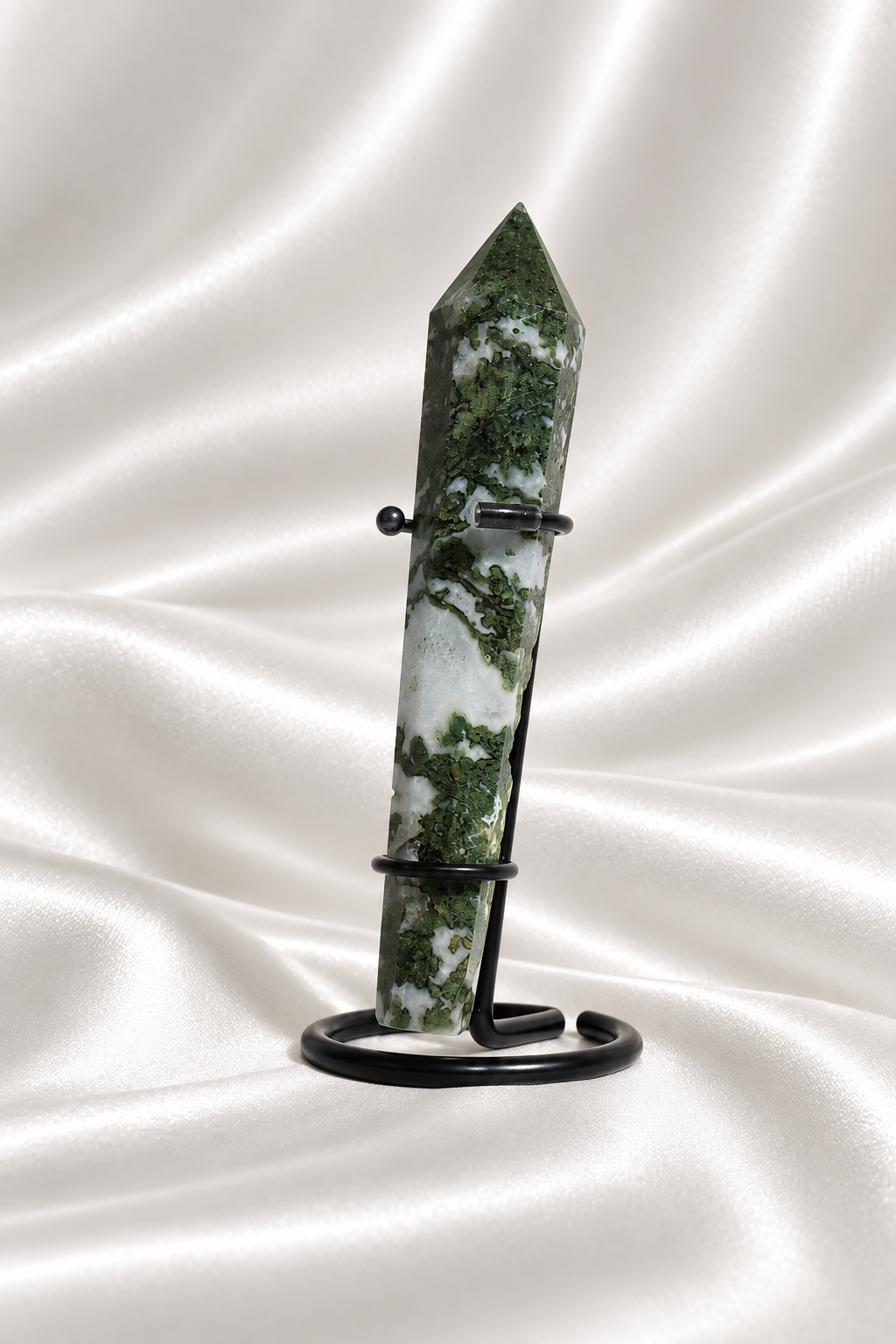 Moss Agate Wand with Stand #11
