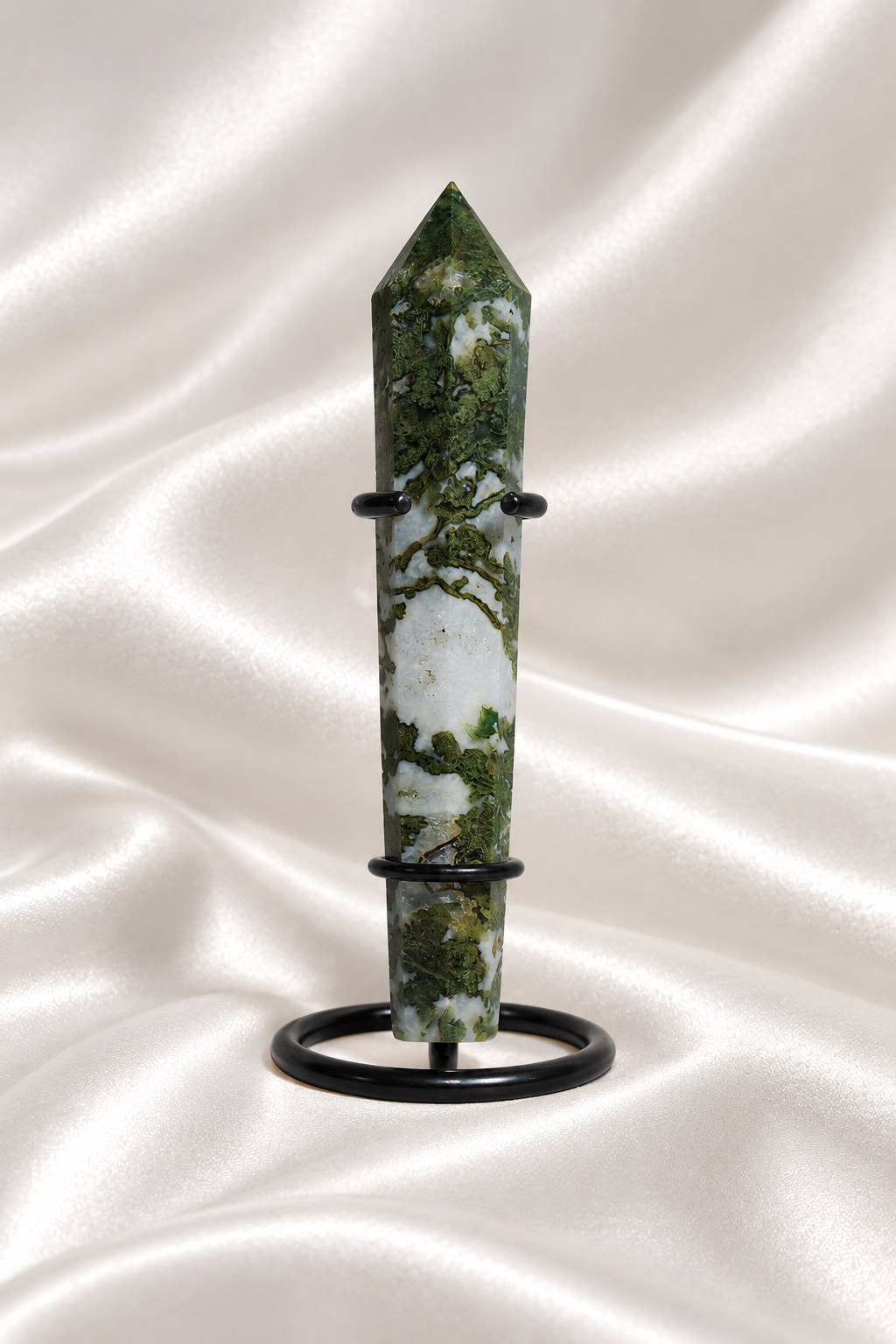 Moss Agate Wand with Stand #11