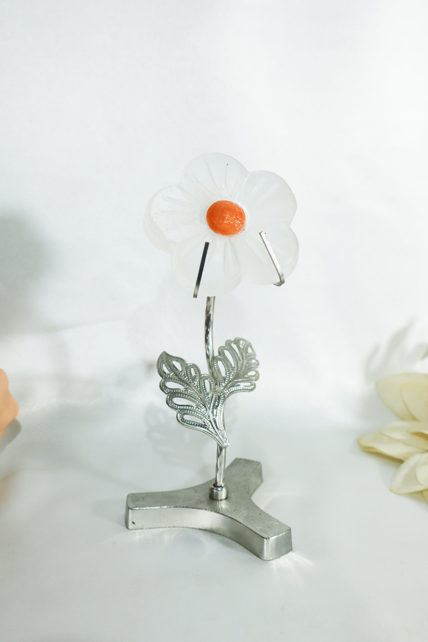 Selenite Flower w/ Sunstone on Silver Stand #7