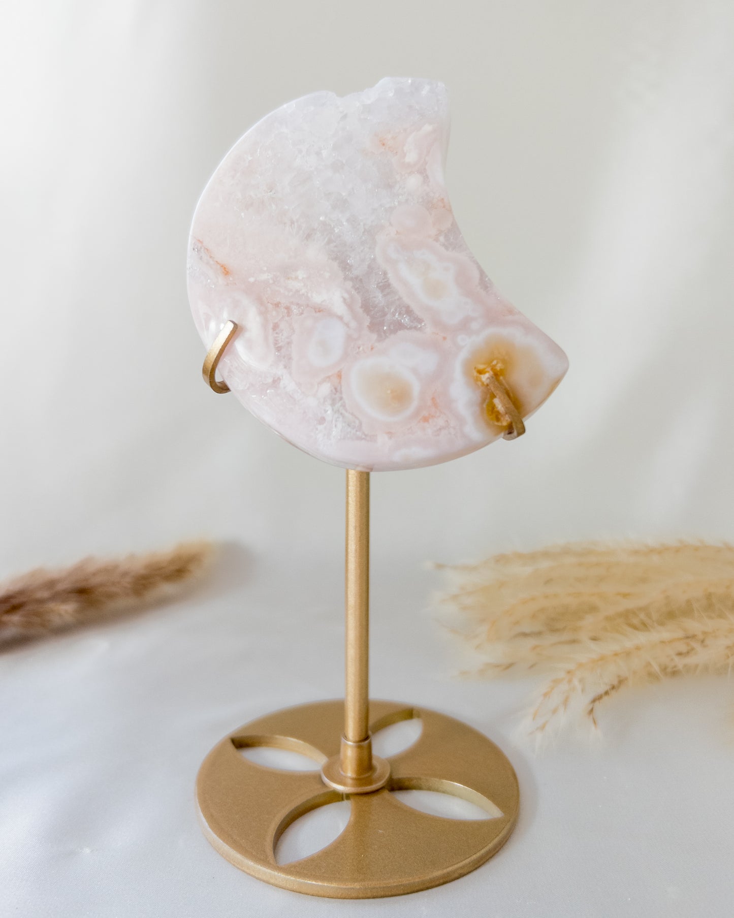 Pink Flower Agate Moon on Stand #3