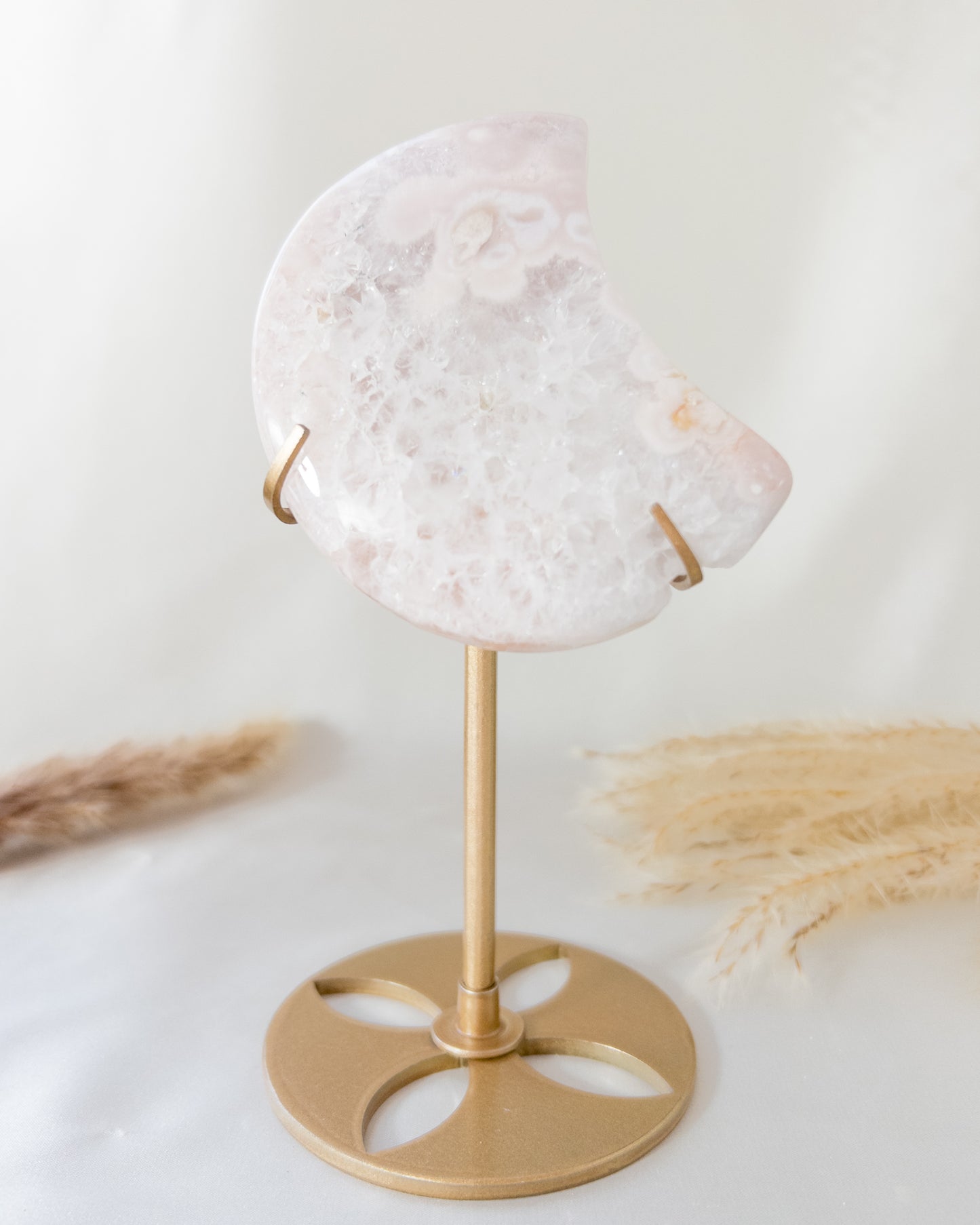 Pink Flower Agate Moon on Stand #3