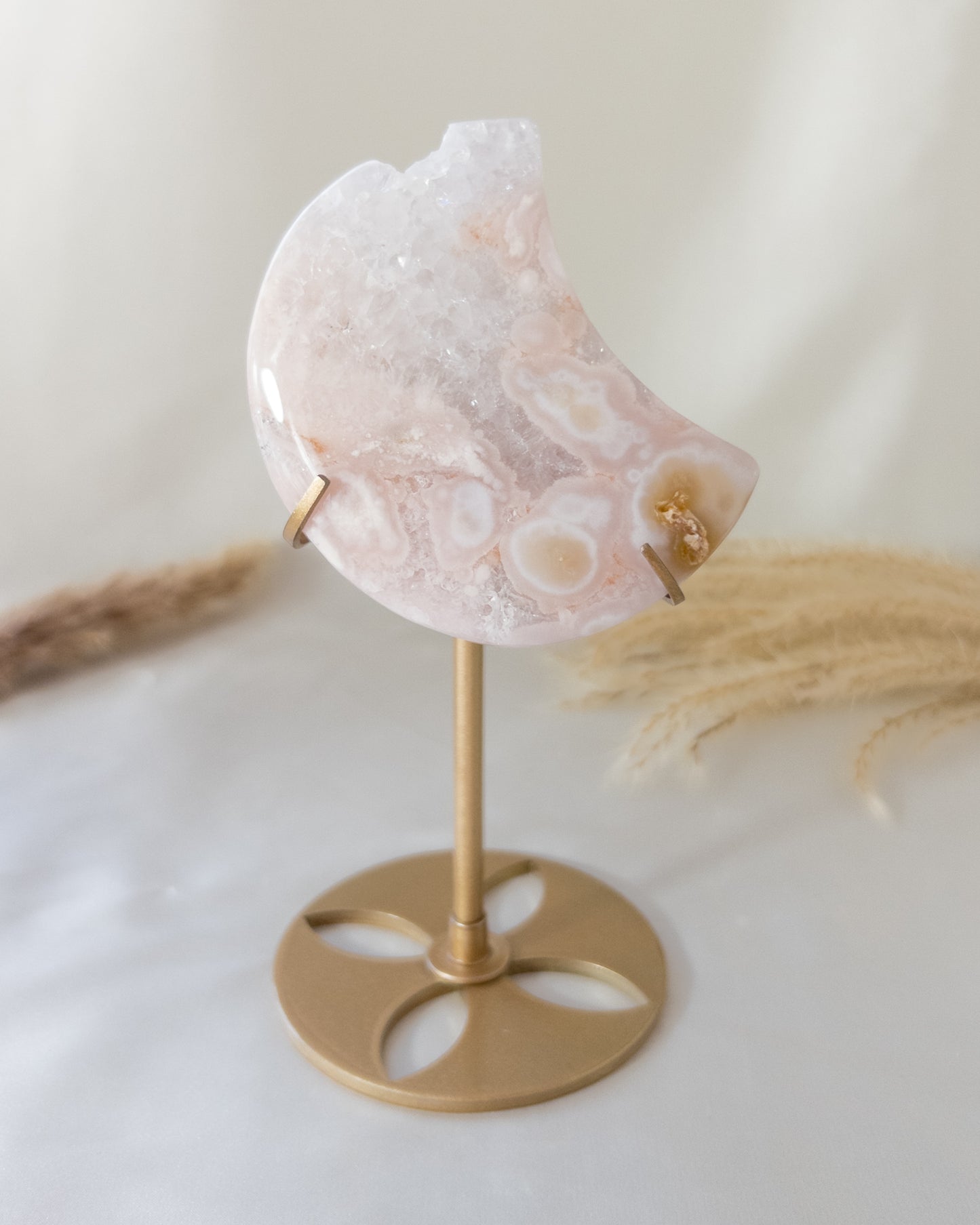 Pink Flower Agate Moon on Stand #3