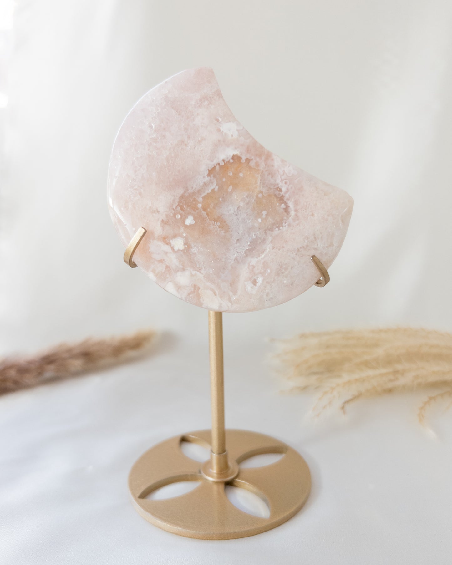 Pink Flower Agate Moon on Stand #4