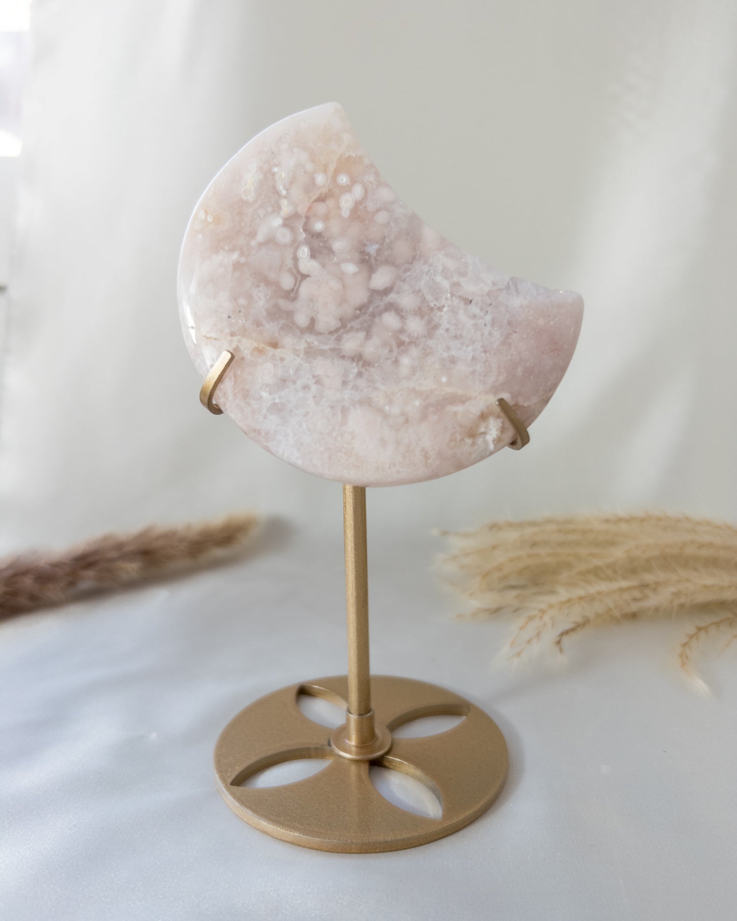 Pink Flower Agate Moon on Stand #4