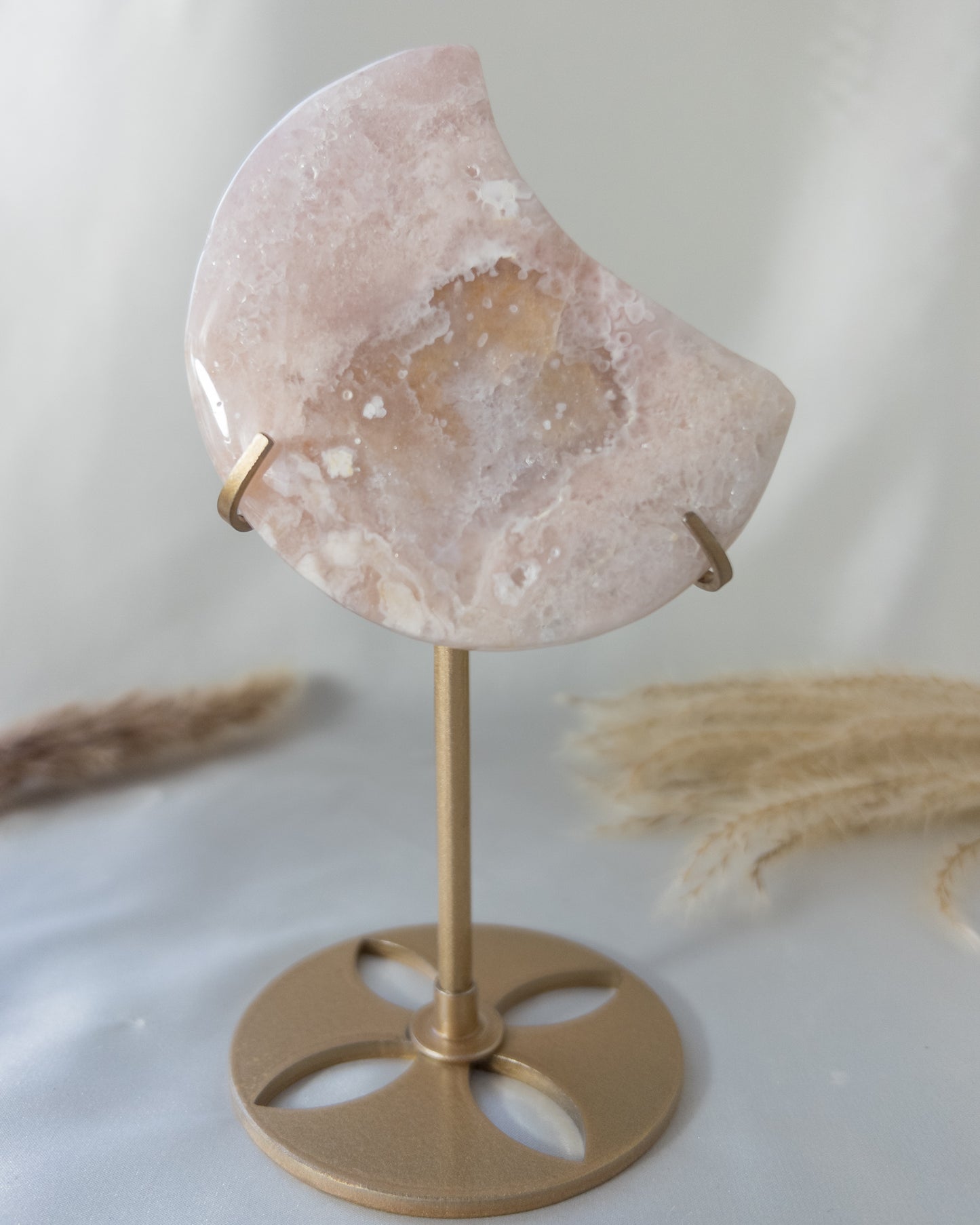 Pink Flower Agate Moon on Stand #4