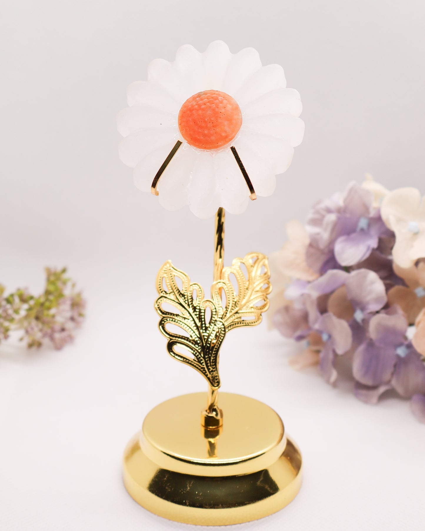 Selenite Flower w/ Sunstone on Golden Stand #1