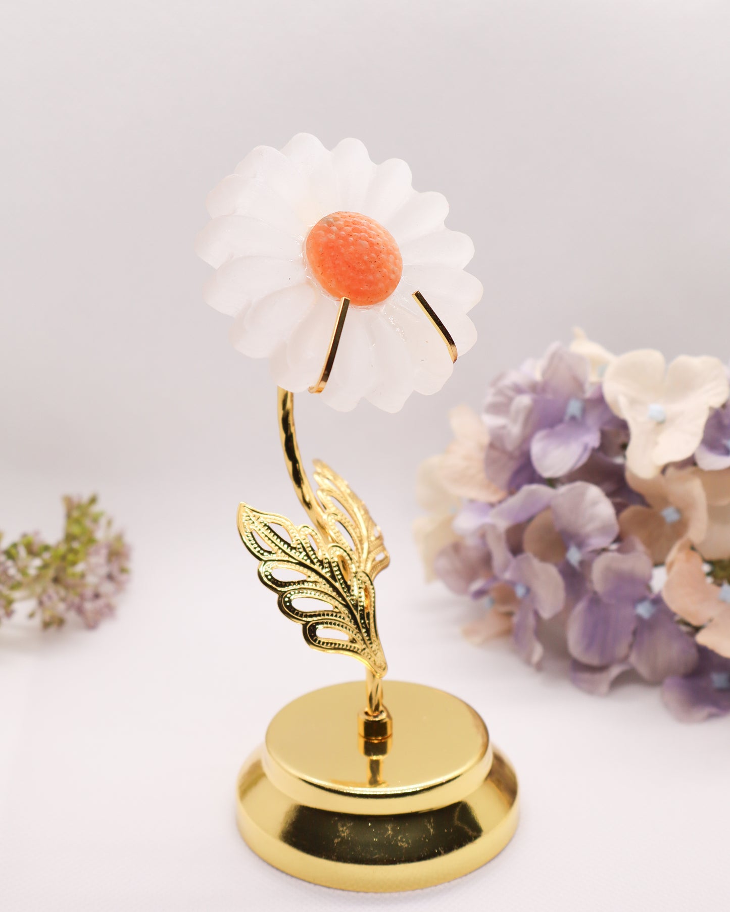 Selenite Flower w/ Sunstone on Golden Stand #1