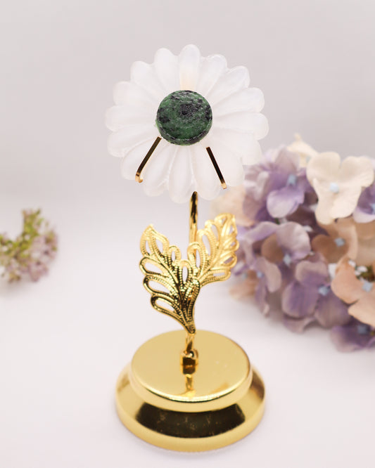 Selenite Flower w/ Ruby Zoisite on Golden Stand #3