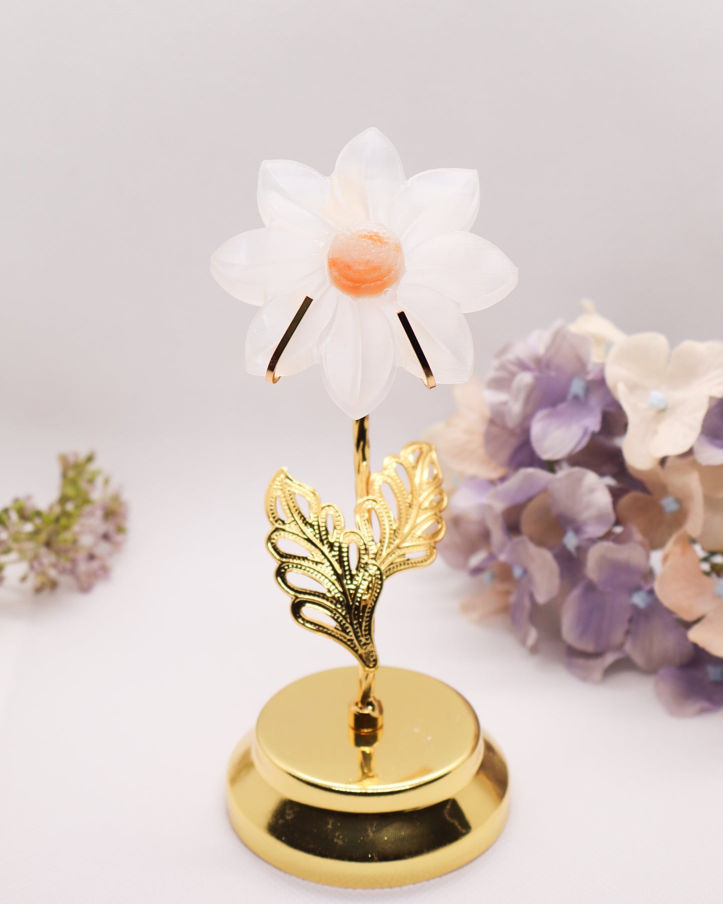 Selenite Flower w/ Sunstone on Golden Stand #2