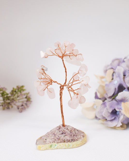 Rose Quartz Crystal Tree on Agate Slice