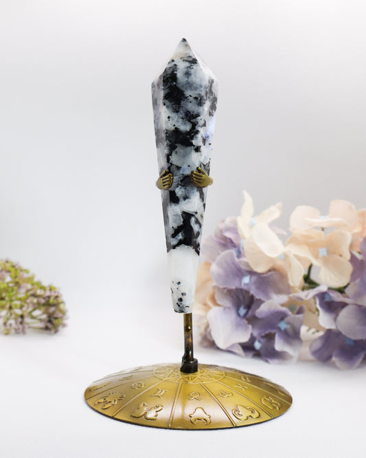 Rainbow Moonstone Wand On Stand #4 - Tip Broken