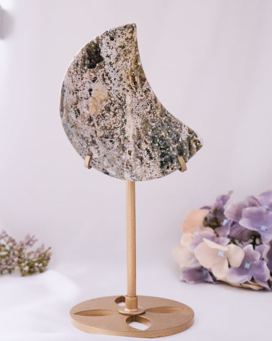 Ocean Jasper Moon on Stand #1- Lower Edge is Broken- Piece Available