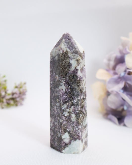 Lepidolite x Black Tourmaline Tower - Tip Broken