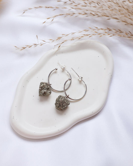 Raw Pyrite Hoop Earrings - Silver