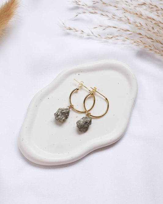 Raw Pyrite Hoop Earrings - Golden