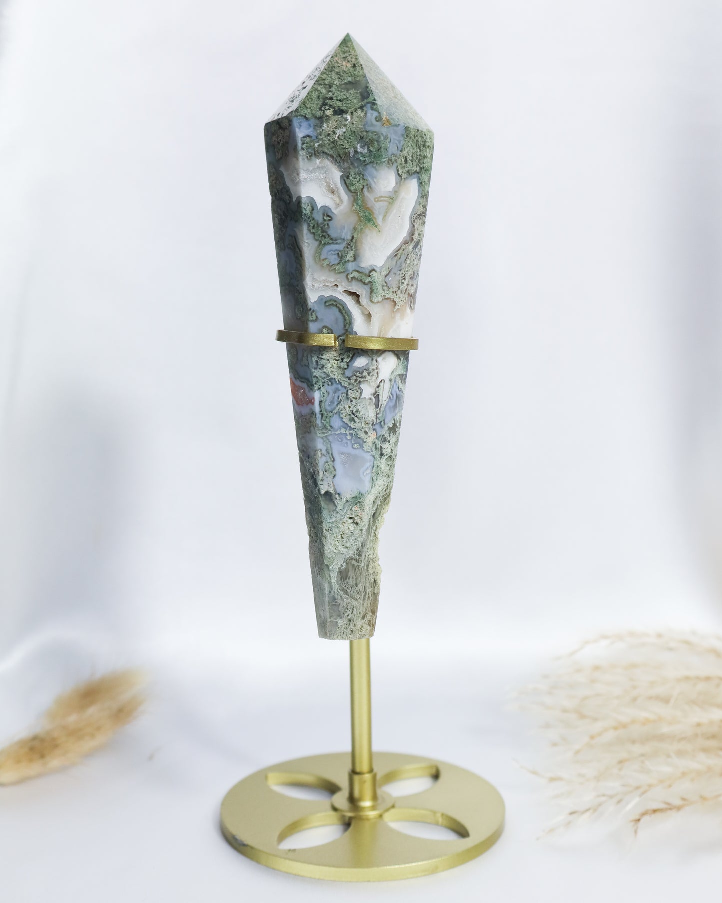 Moss Agate Wand with Stand #7