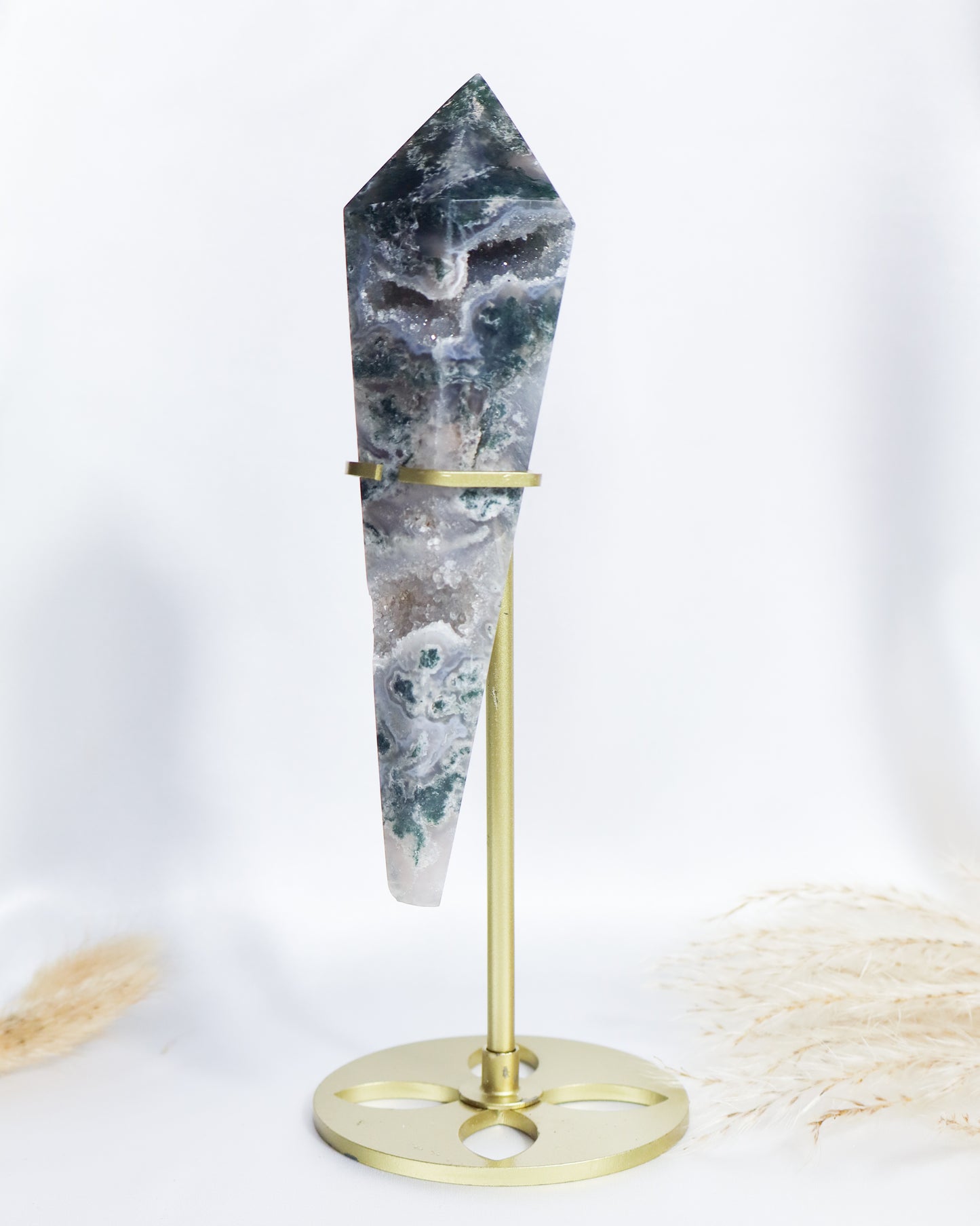 Moss Agate Wand with Stand #4