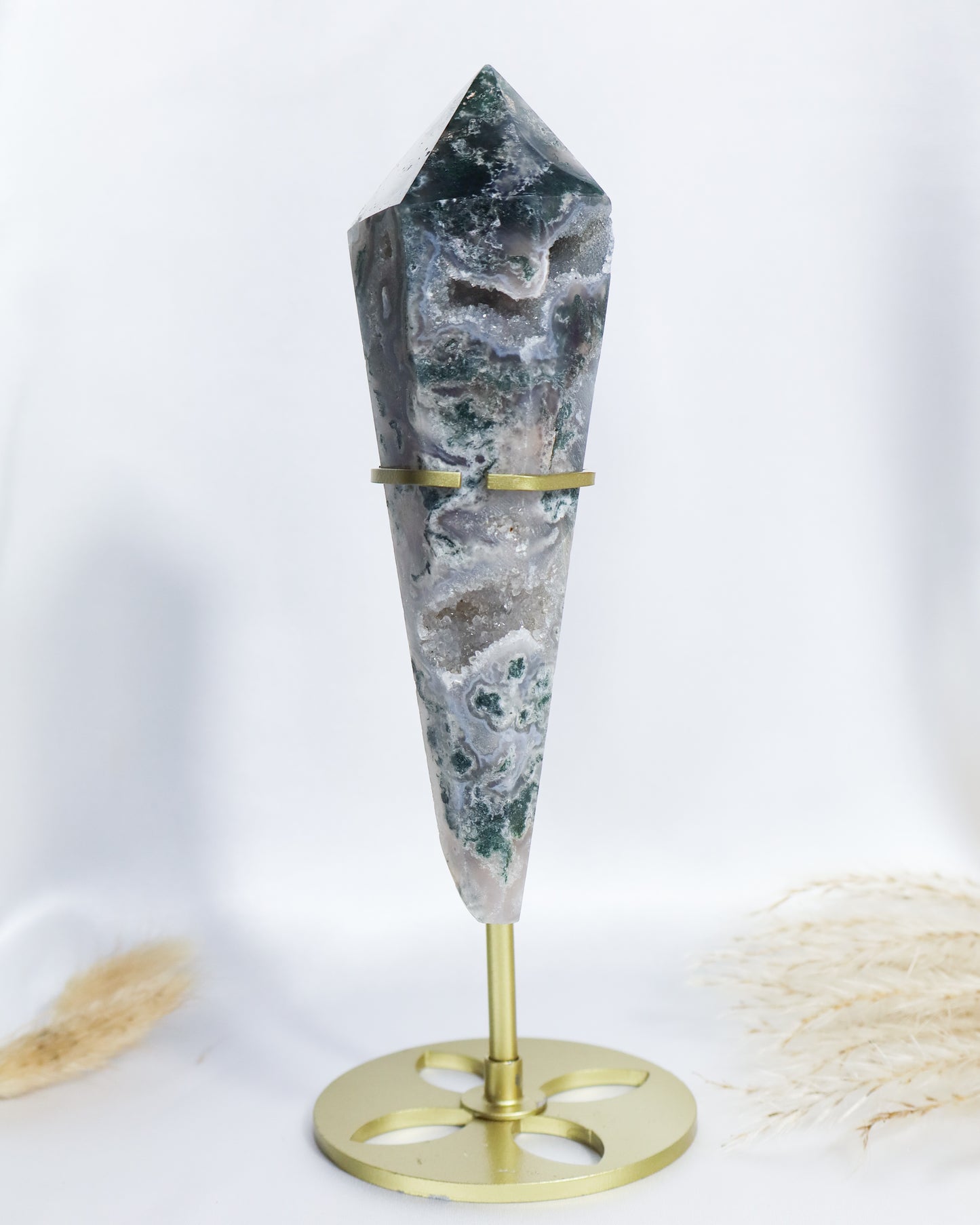 Moss Agate Wand with Stand #4