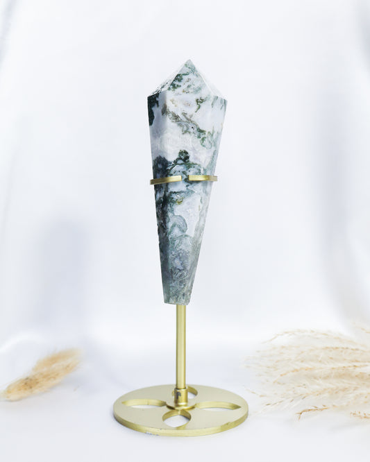 Moss Agate Wand with Stand #8