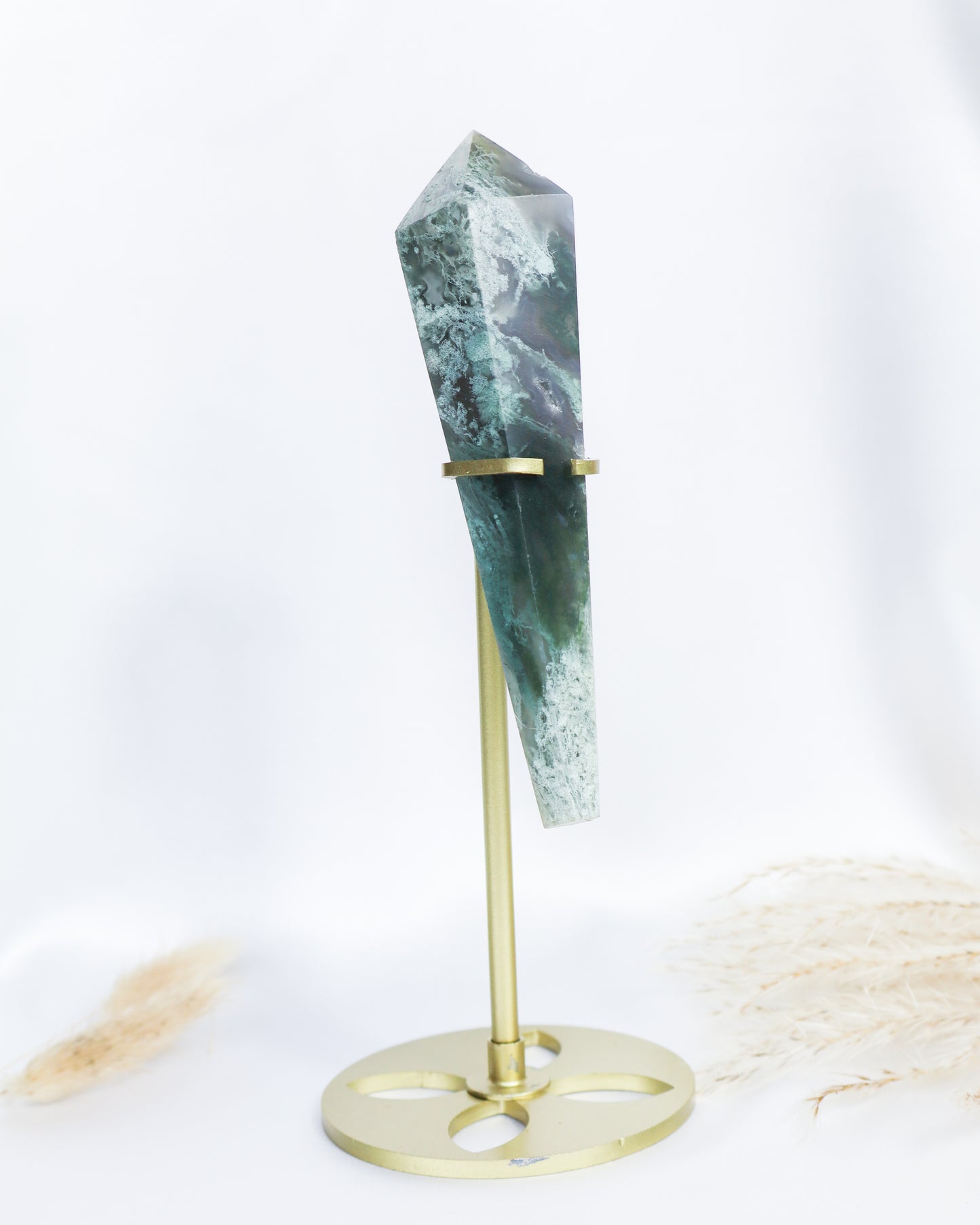 Moss Agate Wand with Stand #9