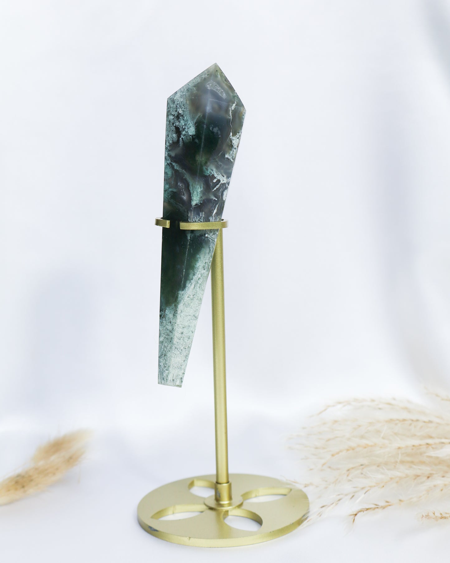 Moss Agate Wand with Stand #9