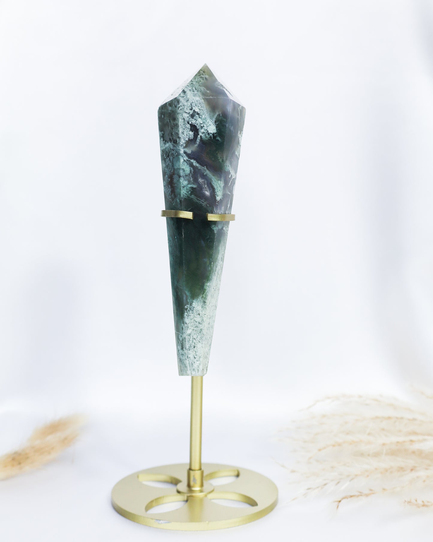 Moss Agate Wand with Stand #9