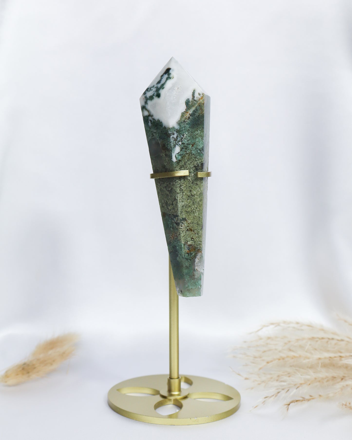 Moss Agate Wand with Stand #6