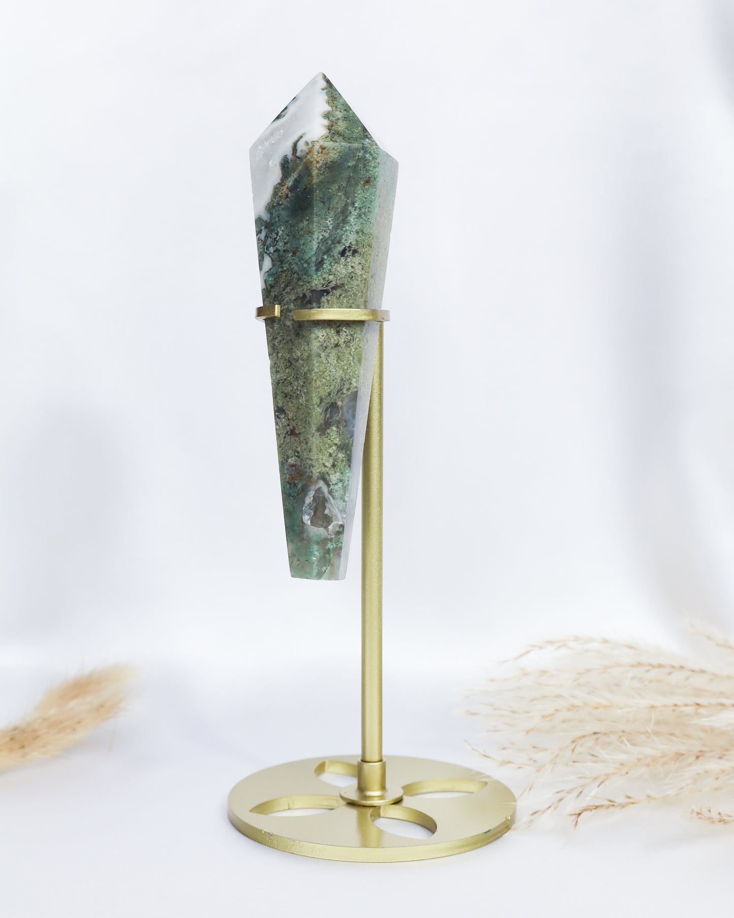 Moss Agate Wand with Stand #6