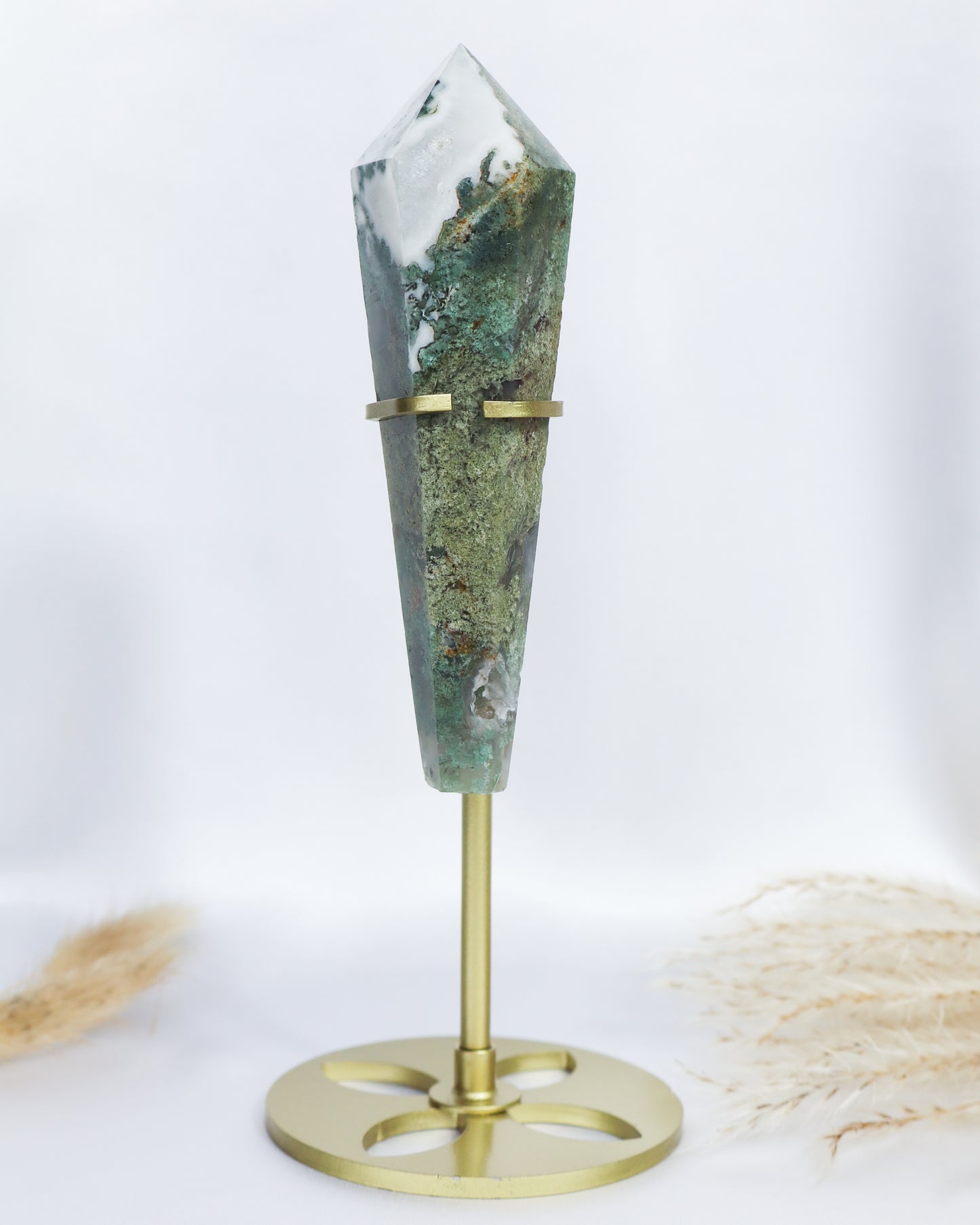 Moss Agate Wand with Stand #6