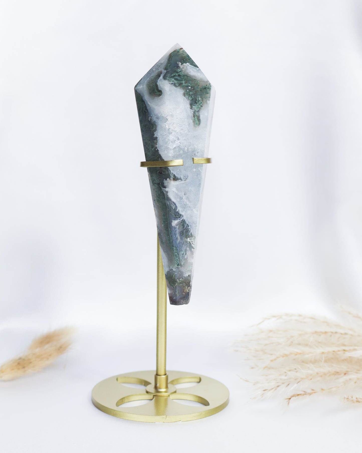 Moss Agate Wand with Stand #5