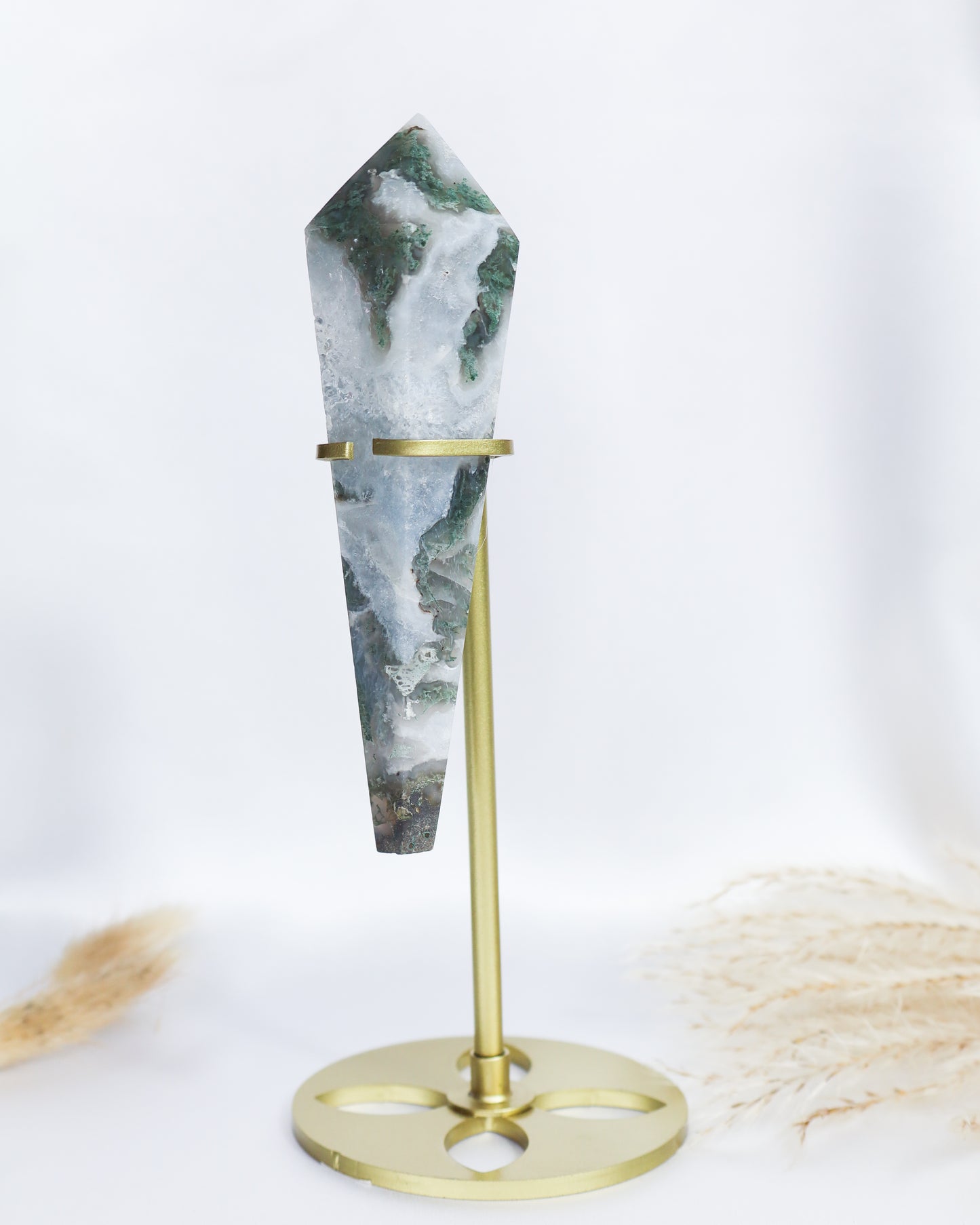 Moss Agate Wand with Stand #5