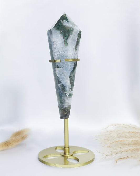 Moss Agate Wand with Stand #5