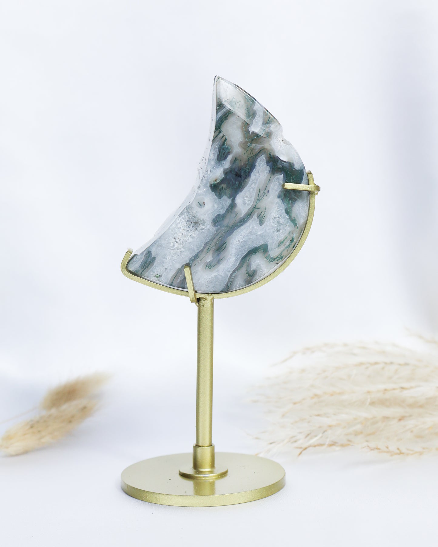 Moss Agate Moon With Stand #3