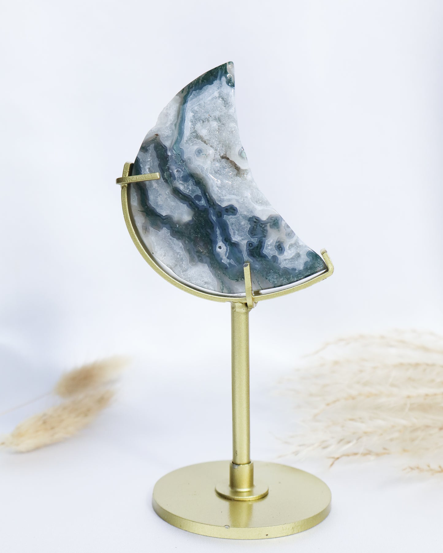 Moss Agate Moon With Stand #3