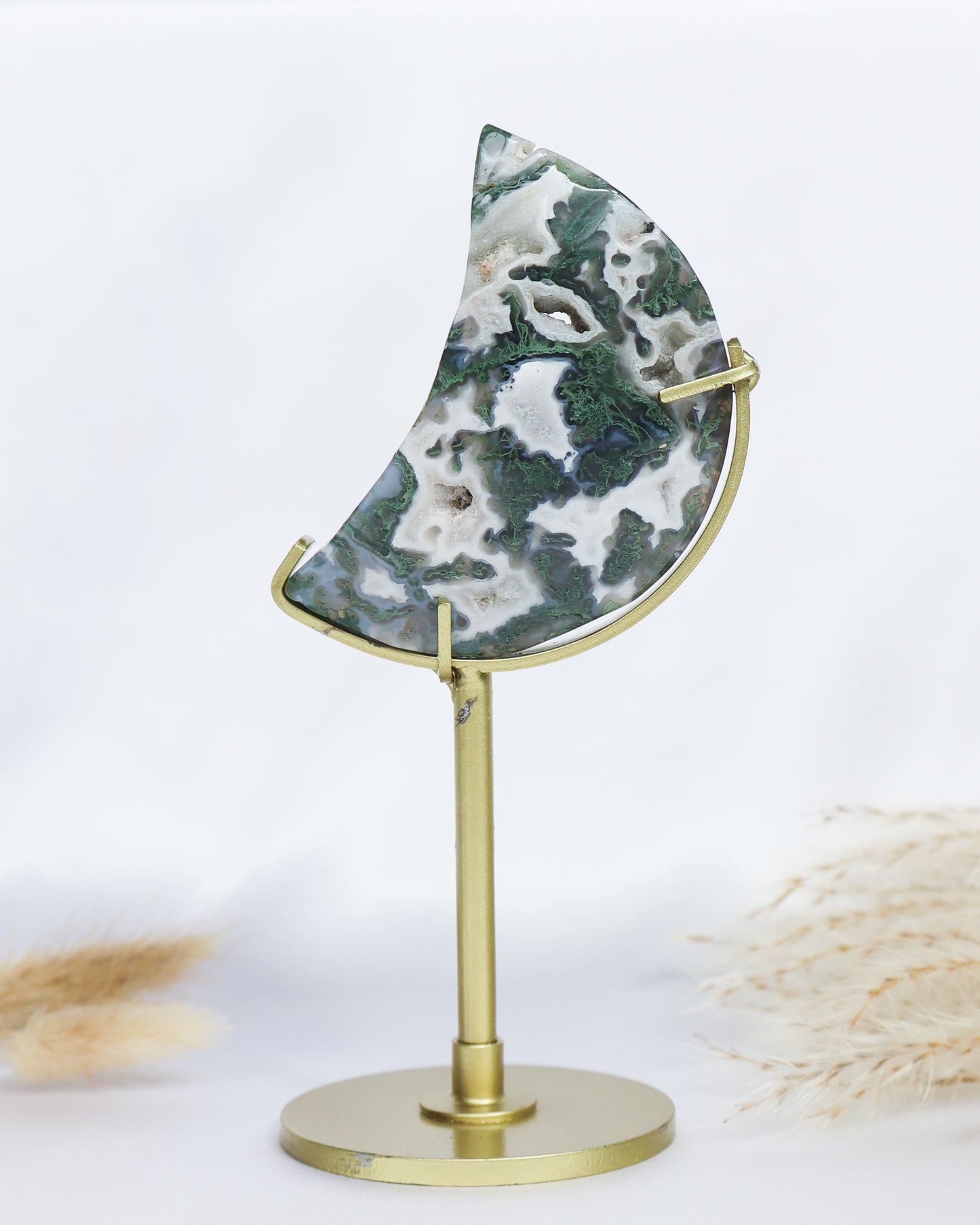 Moss Agate Moon With Stand #6