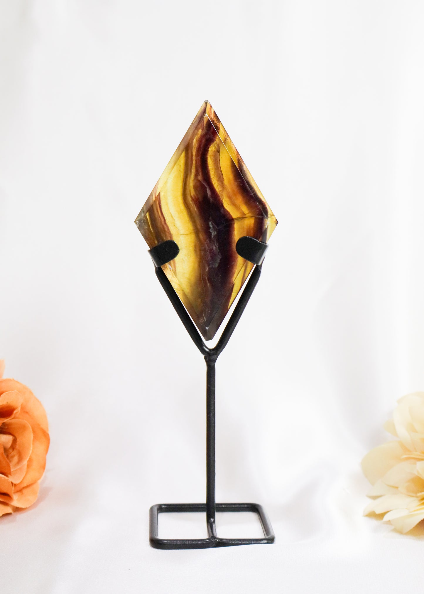 Rainbow Fluorite Diamond on Stand #2 - Little Chipped from bottom